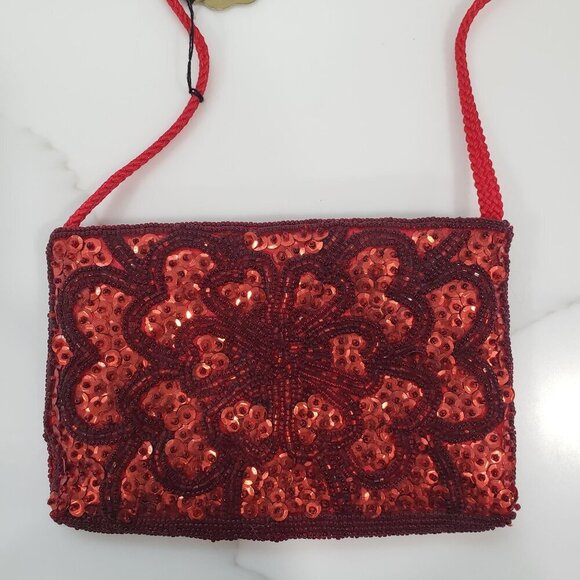 VTG Handmade Beaded Sequins Handbag Evening Red Flapper Formal Event Party NWT - Picture 3 of 12